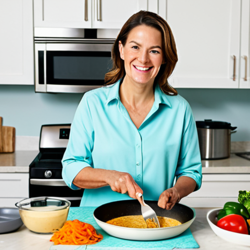 A serene adult woman in a modest, comfortable shirt, gently stirring a pan in a brightly lit, modern kitchen. Fresh, pre-portioned meal kit ingredients are neatly laid out on a clean countertop, reflecting ease and convenience. The woman has a relaxed, contented smile, showcasing the joy of stress-free cooking. Professional photography, soft natural lighting, vibrant colors, fully clothed, appropriate attire, safe for work, perfect anatomy, correct proportions, natural pose, well-formed hands, proper finger count, natural body proportions, family-friendly.