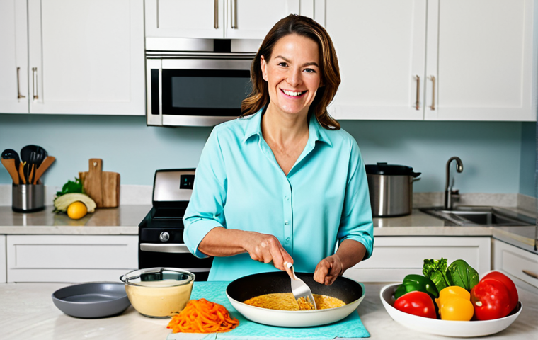 A serene adult woman in a modest, comfortable shirt, gently stirring a pan in a brightly lit, modern kitchen. Fresh, pre-portioned meal kit ingredients are neatly laid out on a clean countertop, reflecting ease and convenience. The woman has a relaxed, contented smile, showcasing the joy of stress-free cooking. Professional photography, soft natural lighting, vibrant colors, fully clothed, appropriate attire, safe for work, perfect anatomy, correct proportions, natural pose, well-formed hands, proper finger count, natural body proportions, family-friendly.
