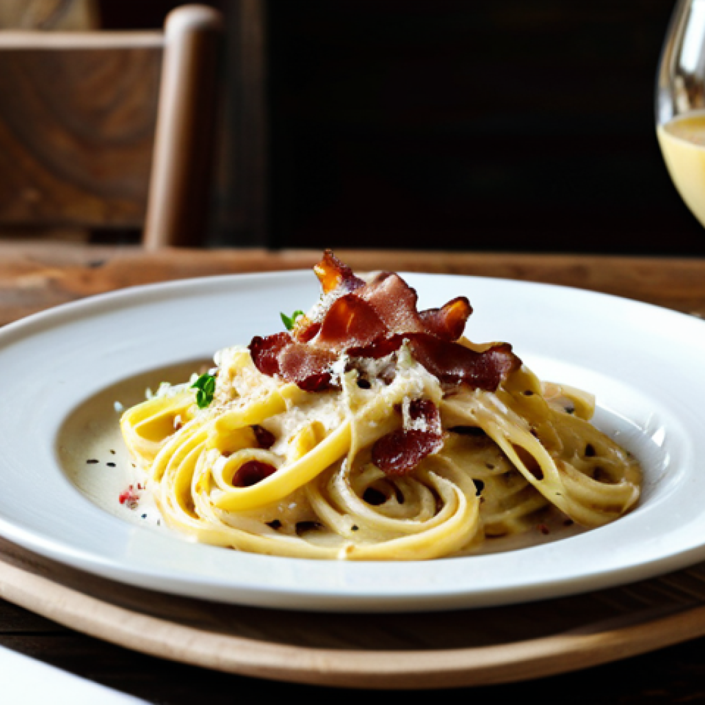 카르보나라 밀키트 - **Image Prompt:** A delicious plate of carbonara pasta, expertly plated with visible crispy bacon pi...