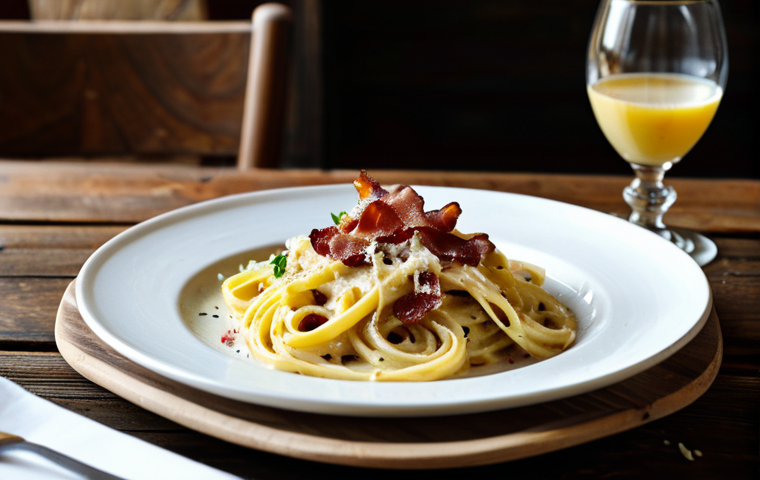 카르보나라 밀키트 - **Image Prompt:** A delicious plate of carbonara pasta, expertly plated with visible crispy bacon pi...