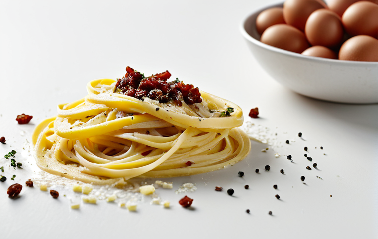 카르보나라 밀키트 - **Image Prompt:** A chef in a professional kitchen preparing carbonara. He is adding freshly cracked...