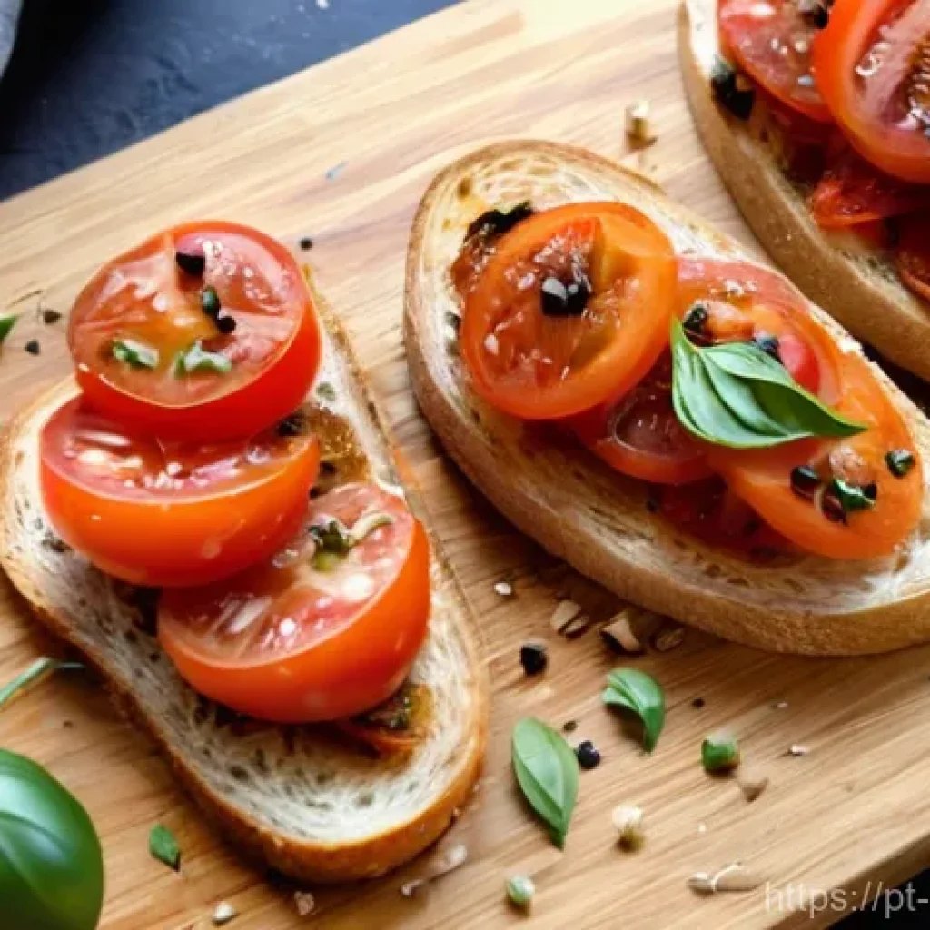 브루스케타 만들기 - **Prompt:** A close-up, top-down shot of several perfectly toasted slices of rustic Italian bread, g...