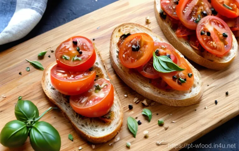 브루스케타 만들기 - **Prompt:** A close-up, top-down shot of several perfectly toasted slices of rustic Italian bread, g...