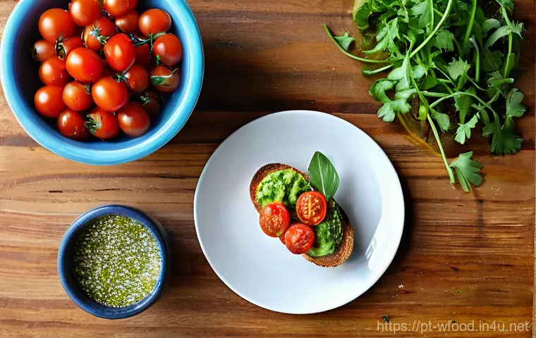 브루스케타 만들기 - **Prompt:** An inviting and lively "Bruschetta Bar" set up on a beautifully arranged rustic wooden t...