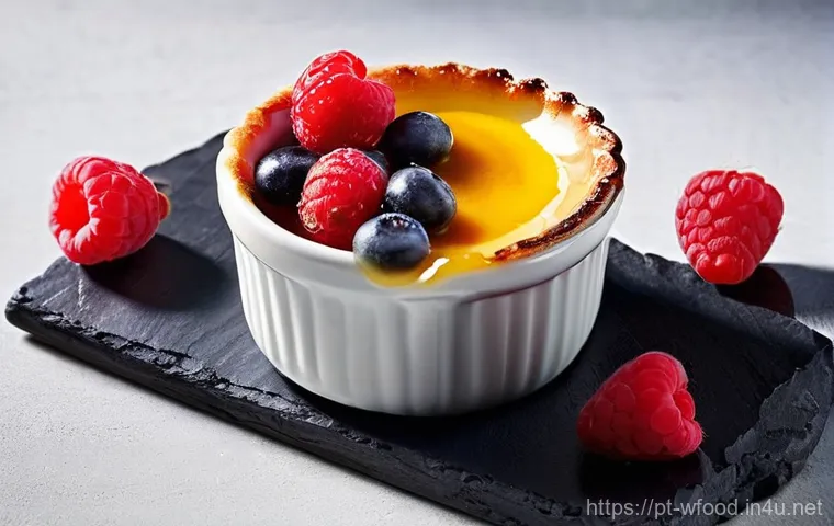 크렘브륄레 만드는 법 - **The Perfect Caramelization: Torching the Crème Brûlée.**
    A dynamic, high-definition shot captu...