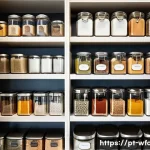 Home 13 양식 소스 보관 방법 - A bright, modern kitchen pantry scene showcasing neatly organized dry ingredients and spices. Transp...