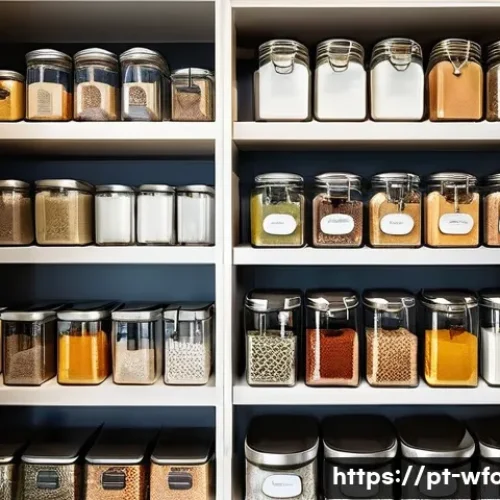Home 25 양식 소스 보관 방법 - A bright, modern kitchen pantry scene showcasing neatly organized dry ingredients and spices. Transp...