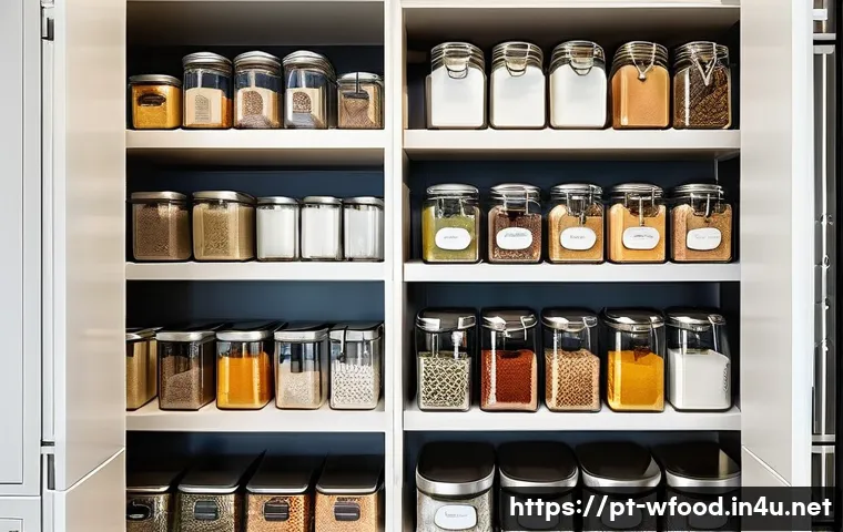 양식 소스 보관 방법 - A bright, modern kitchen pantry scene showcasing neatly organized dry ingredients and spices. Transp...