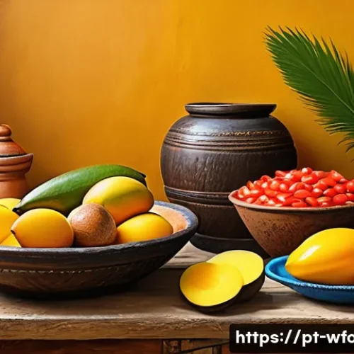 Home 12 양식의 주요 원료와 영양소 - A vibrant and detailed illustration of a traditional Brazilian kitchen scene in the Northeast region...