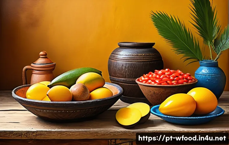 양식의 주요 원료와 영양소 - A vibrant and detailed illustration of a traditional Brazilian kitchen scene in the Northeast region...
