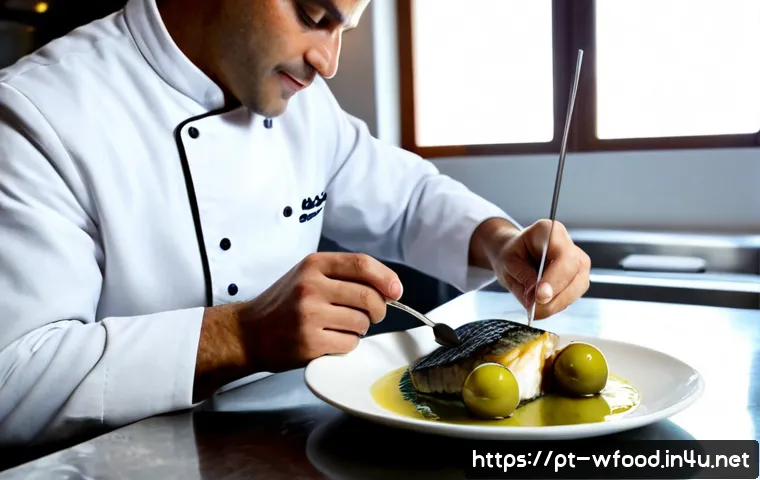 양식의 화학적 조리법 - Photorealistic molecular gastronomy preparation in a refined Portuguese restaurant kitchen, chef in ...