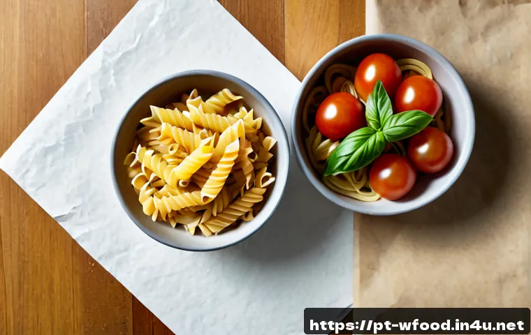 Home 17 유기농 파스타 브랜드 비교 - Photorealistic overhead comparison scene of three unbranded organic pasta varieties in clear glass j...